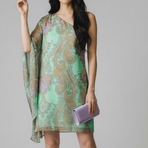 Vintage Y2K Green Paisley Asymmetrical shoulder Mini dress Fairy core Romantic